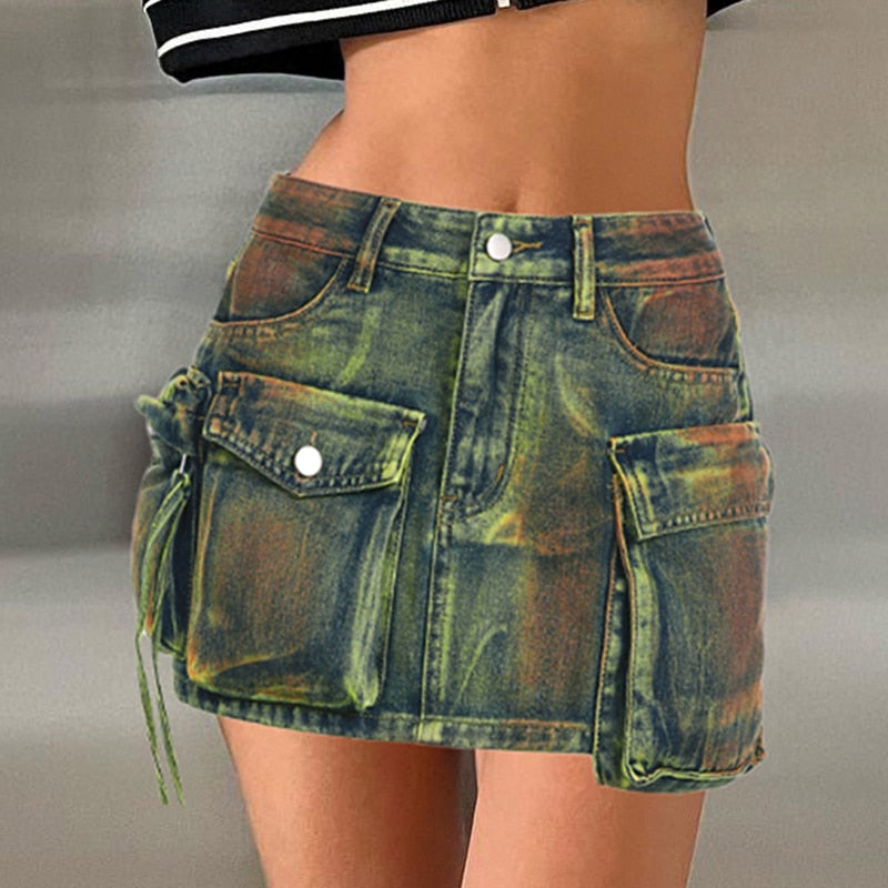 "High Fashion" Asymmetrical Cargo Denim Mini Skirt