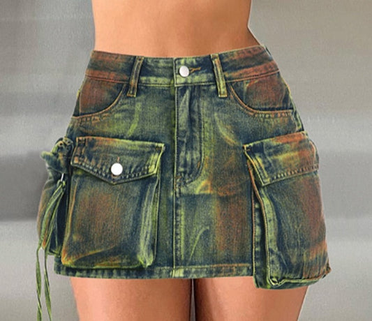 "High Fashion" Asymmetrical Cargo Denim Mini Skirt