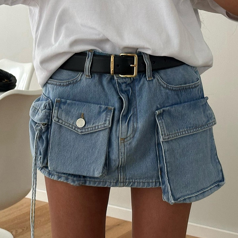 "High Fashion" Asymmetrical Cargo Denim Mini Skirt