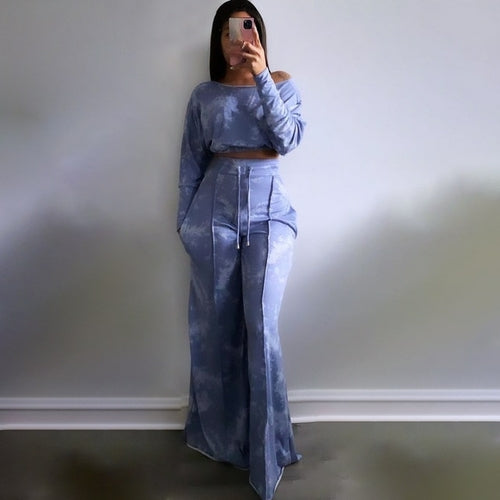 "Tie Dye Lounger"  2 Piece Women's Off Shoulder Long Sleeve Shirt And Wide Leg Pants