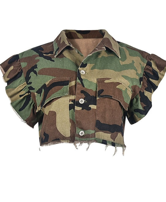 "Active Duty"  Women's Button Down Crop Blouse With Butterfly Sleeves