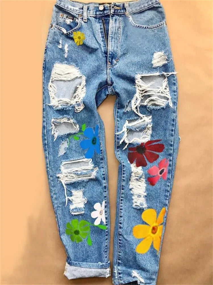 "Flowers & Destruction" Distressed Denim Jeans
