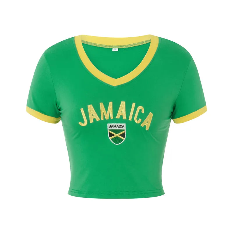 "Ya Man" Jamaican Novelty Crop Top Casual V Neck Letter Print