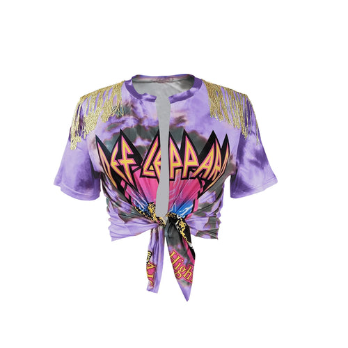 "Def Leopard' Fringe Tassel T-shirts O-neck Graphic Tops Hip Hop Dance Clubwear