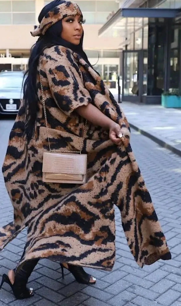 "Wildin Out" Leopard Print Oversized Knitted Sweater Cardigan with Headband