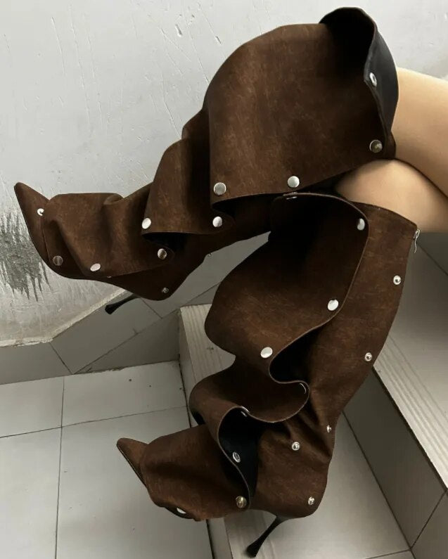 “Just Snapped” Pointed Toe Metal Rivet Denim High Heel Boots