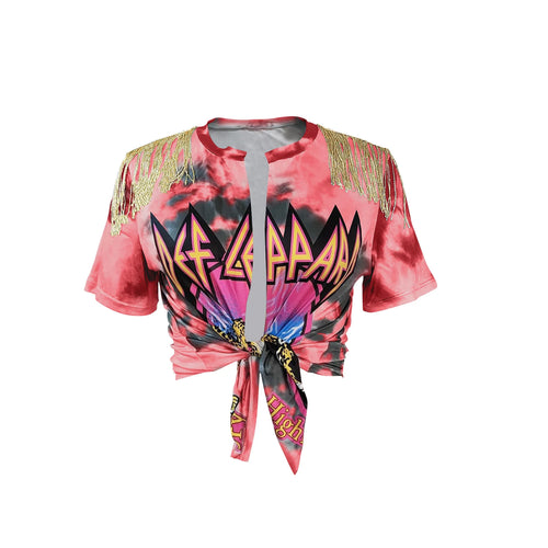 "Def Leopard' Fringe Tassel T-shirts O-neck Graphic Tops Hip Hop Dance Clubwear