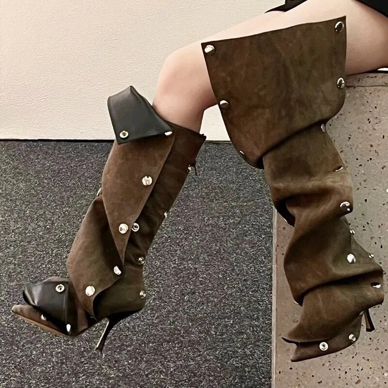 “Just Snapped” Pointed Toe Metal Rivet Denim High Heel Boots