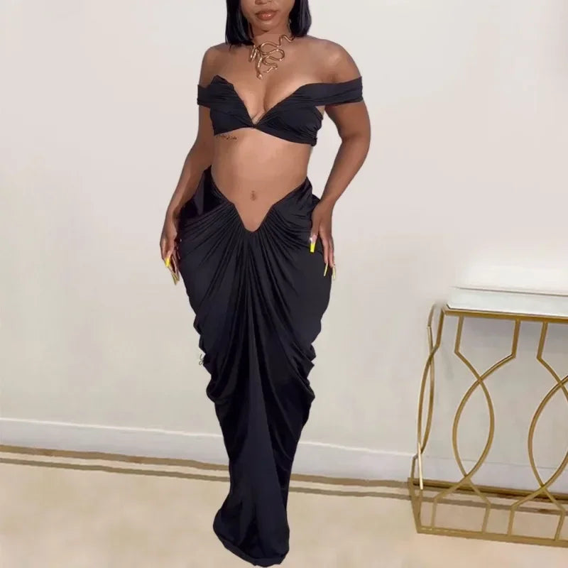 "Daizjah Vu" Sexy 2 Piece Set With A Ruched Skirt & Off Shoulder Crop Top