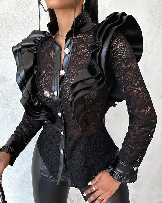 "Black Power" Women's Lace Long Sleeve Vintage Buttoned Blouse