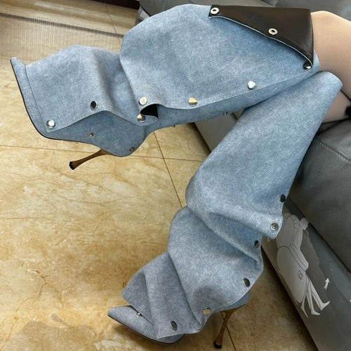 “Just Snapped” Pointed Toe Metal Rivet Denim High Heel Boots