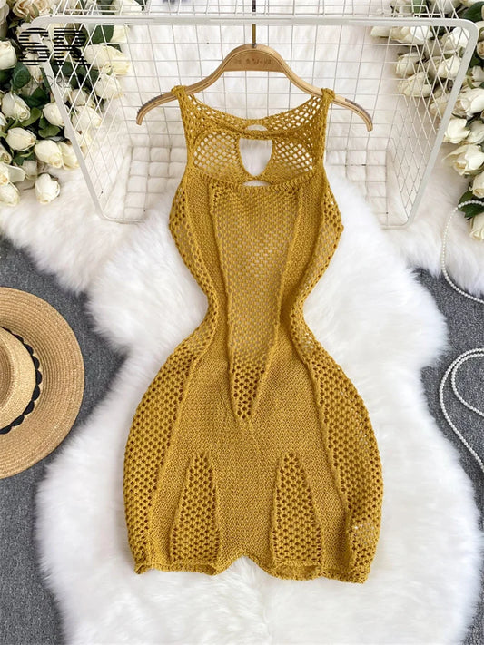 "Khloe" Crocheted Sleeveless Romper Jumpsuit With Hollowed Out Back