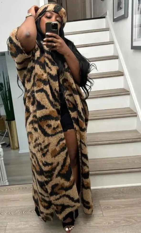 "Wildin Out" Leopard Print Oversized Knitted Sweater Cardigan with Headband