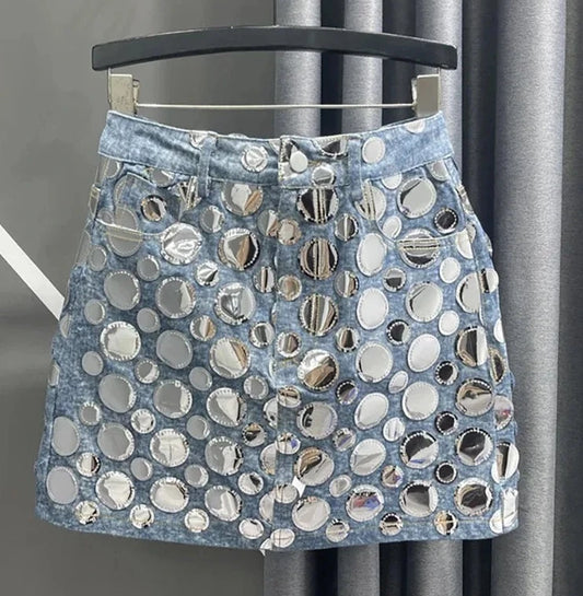 "Disco" Women's Denim High Waisted Circular Sequins Mini Skirt