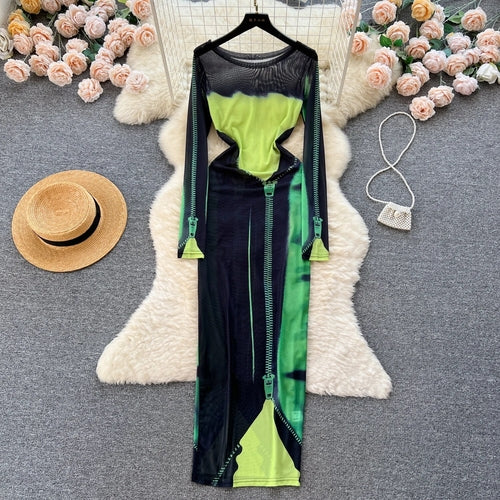 "Euphoric Lime"  Mesh Dress Zipper Print O Neck With Sleeves Bodycon Fit