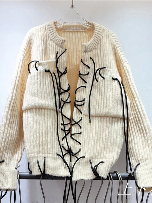 "Chicago" Thick Knitted Lace Up Cardigan Sweater