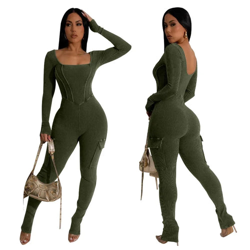 'Be mine" Knitted Ribbed Cargo Jumpsuit