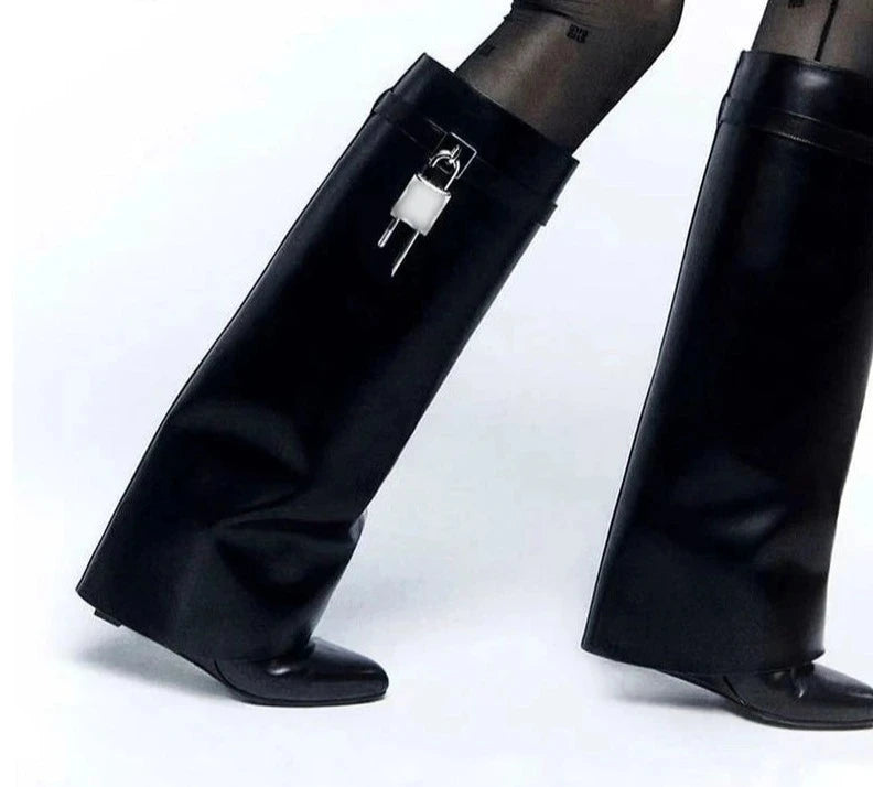 "Ms. Sassy" Women's Knee High  Wedge Fold Over Shark Lock Boots Almond Toe