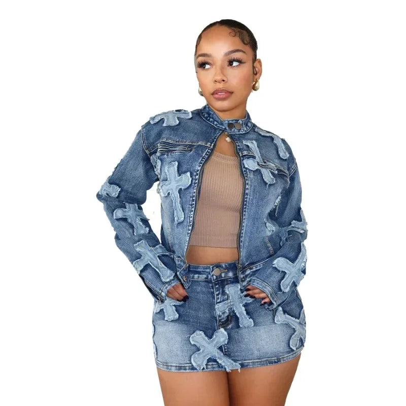 "Holy Cross" Denim 2 Piece Skirt and Jacket Set