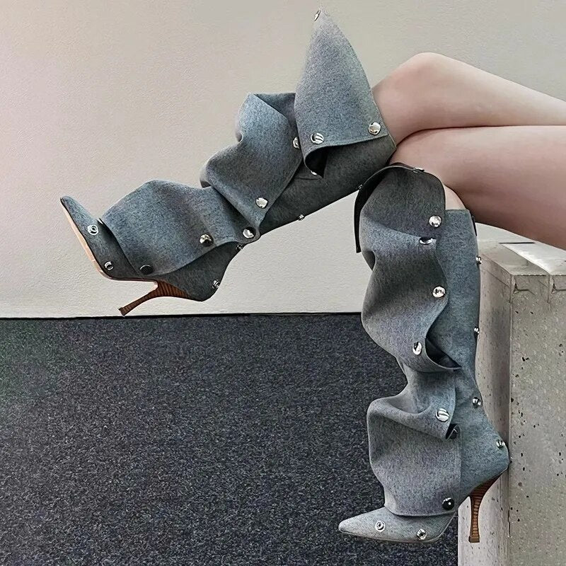 “Just Snapped” Pointed Toe Metal Rivet Denim High Heel Boots