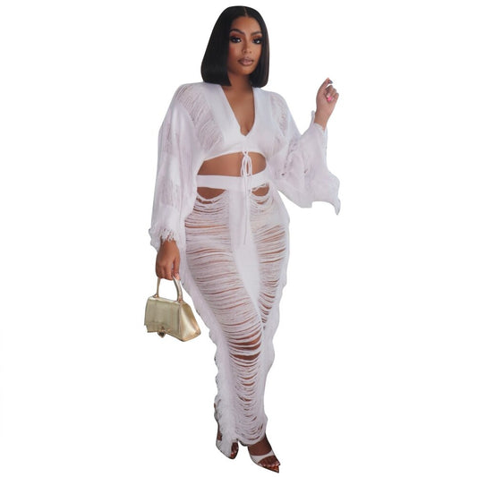 “Heavenly” 2 Piece Swimwear Cover-up Set With Crop Top And Long Skirt