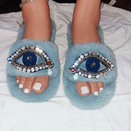 "Plush" Custom Cozy Rhinestone Eye Fur Slippers