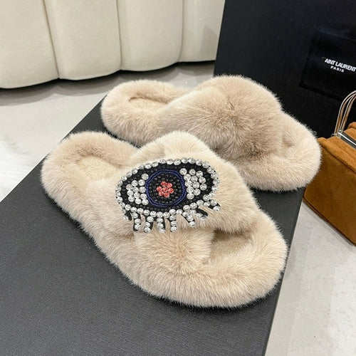 "Plush" Custom Cozy Rhinestone Eye Fur Slippers