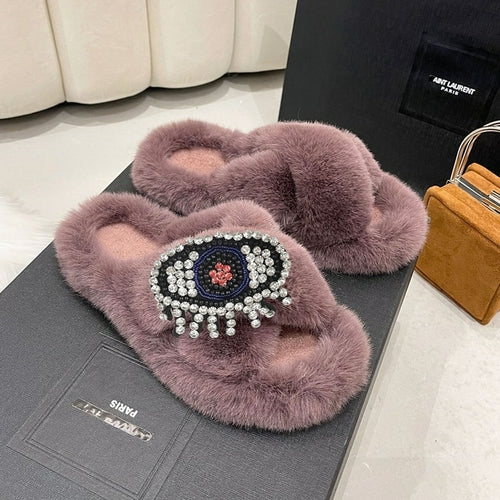 "Plush" Custom Cozy Rhinestone Eye Fur Slippers