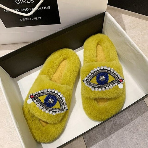 "Plush" Custom Cozy Rhinestone Eye Fur Slippers